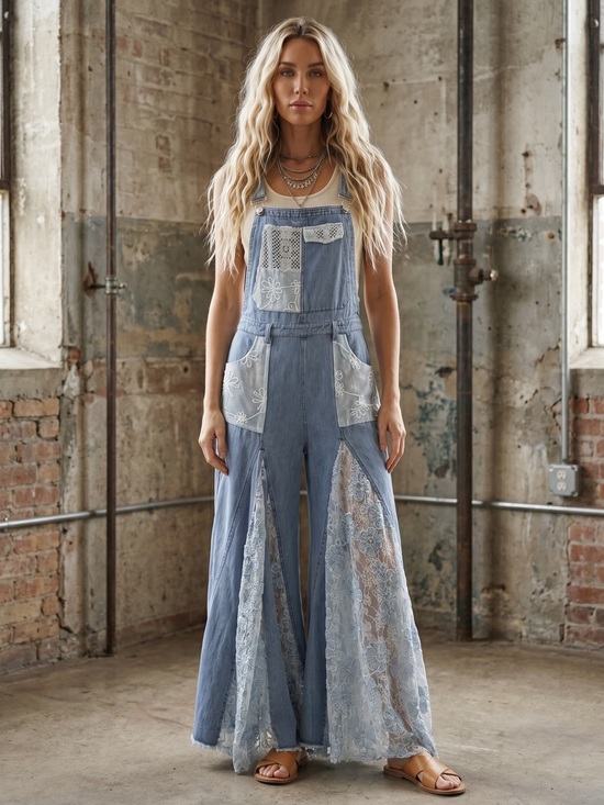 None Denim - NWT Ultra Wide Leg Flare Lace Panel Patchwork Denim Jean Overalls Jumpsuit